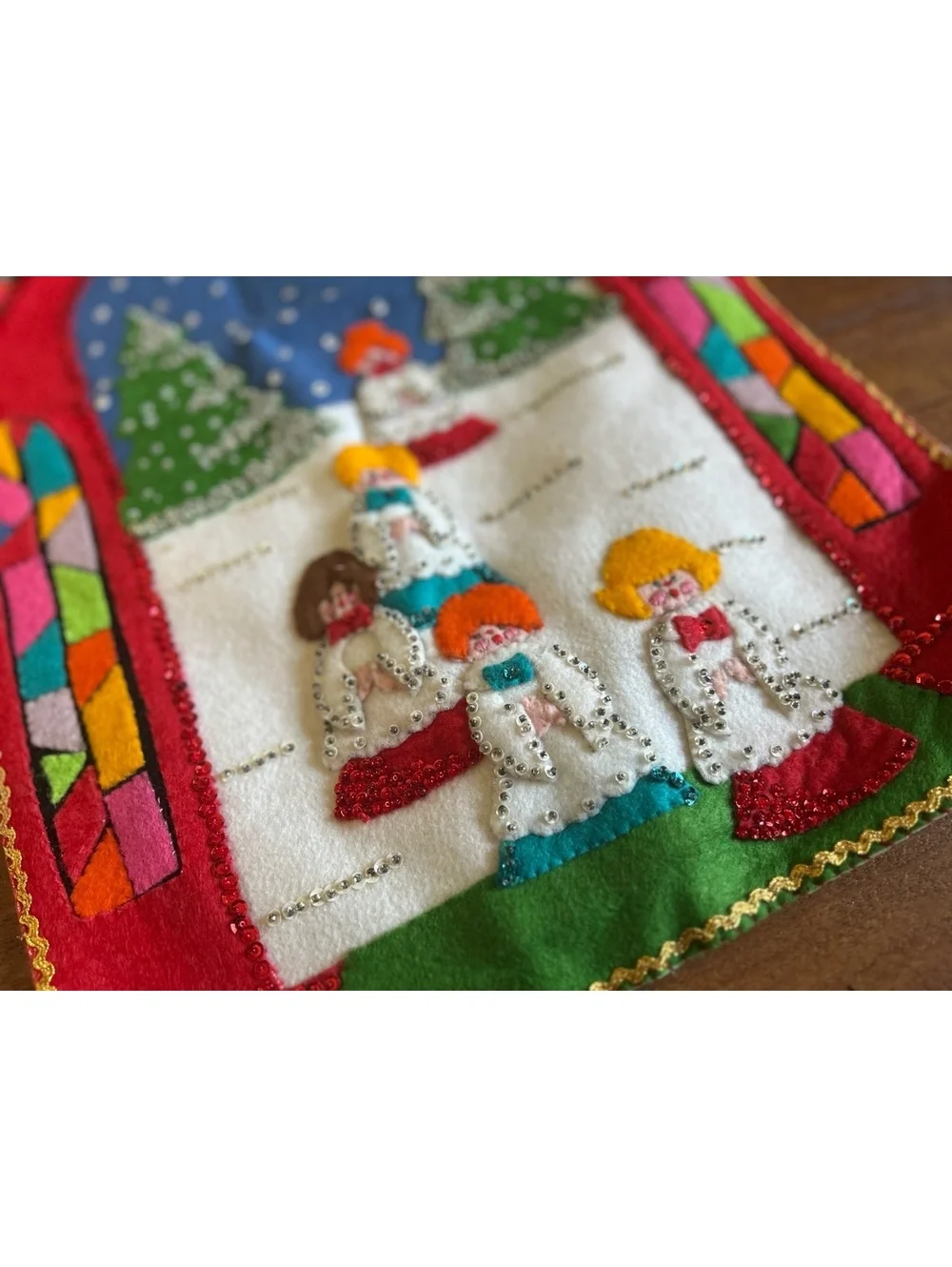 Vintage Handmade Felt Christmas Wall Hanging with Beaded Choir Scene